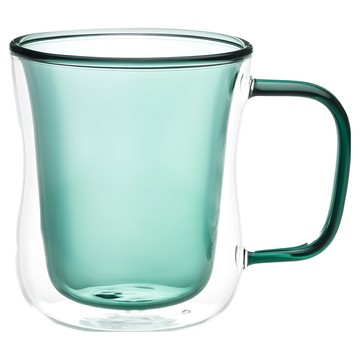 Caldo 卡朵生活 恬靜雙層隔熱撞色有柄玻璃杯 380ml  綠色  1個
