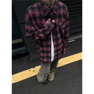 美式復古慵懶風格子格紋漸變襯衫襯衣男春秋寬松ins潮牌情侶外套