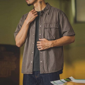 Wuluwear 美式復古水洗工裝短袖襯衫男夏季萊賽爾透氣寬鬆阿美咔嘰休閒襯衫