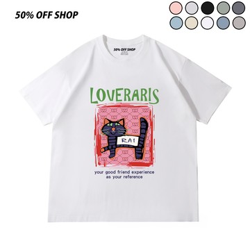 RAI心動貓咪插畫短T 純棉短袖T恤 男女上衣 oversize寬鬆 日韓系潮流 休閒百搭短踢 情侶裝 學生穿搭