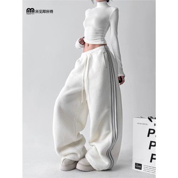 2025冬季新款慵懶風羊羔絨休閑褲女冬款加厚保暖寬松百搭直筒長褲