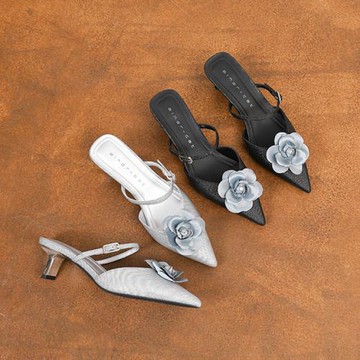 Taroko 仙女牡丹花立體尖頭中跟後空細跟涼拖鞋(2色可選)