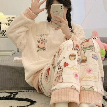 ins秋冬季珊瑚絨睡衣女長袖卡通加絨少女韓版可愛宿捨法蘭絨家居