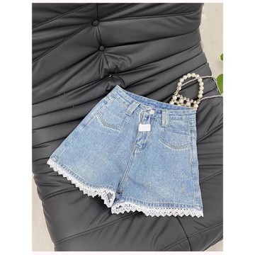 蕾絲花邊牛仔短褲女夏季流行新款設計感寬松顯瘦高腰a字闊腿熱褲