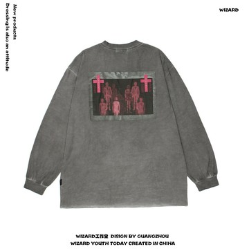 ins高街長袖T恤男女國潮牌復古水洗做舊十字架印花寬松hiphop上衣