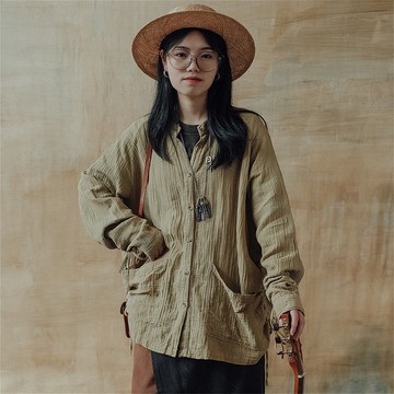 芥末黃 2色 石榴皮染 雙層全棉長袖立領植物染襯衫外套 寬鬆廓形