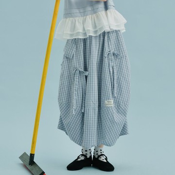 文藝格紋不規則燈籠半身裙 / 裙子