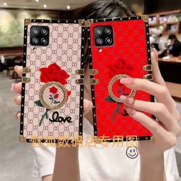 新款復古玫瑰花適用于三星A42方形電鍍帶指環扣手機外殼A42全包四角加厚防摔A42保護套