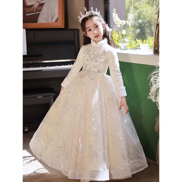 高級感兒童晚禮服裙冬款加厚花童女童生日宴公主裙主持人鋼琴比賽