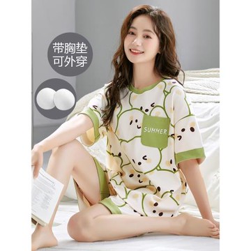 夏季短袖睡衣套裝女士自帶胸墊一體家居服春秋大碼薄款夏天可外穿