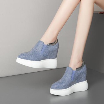 12CM厚底內增高女鞋春季新款藍色松糕鞋真皮水鉆滿鉆單鞋四季鞋子