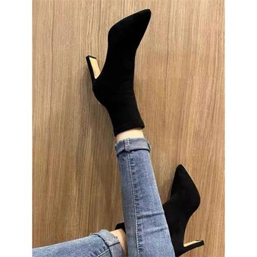 羊京絨彈力短靴女2023秋冬新款百搭瘦瘦靴尖頭細跟絨面高跟單靴女