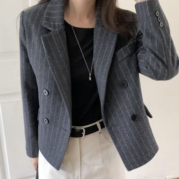 正韓外套 柏條紋羊毛呢短款大衣EPC1097-創翊韓都