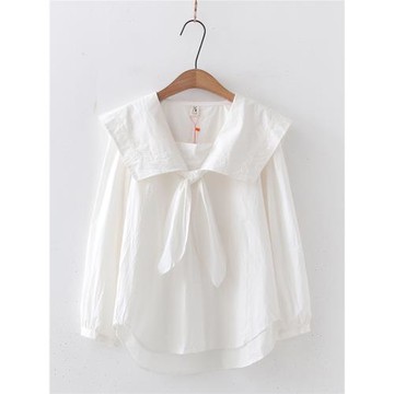 日系軟妹學院風甜美系帶海軍翻領寬松長袖襯衫學生白襯衣女上衣秋