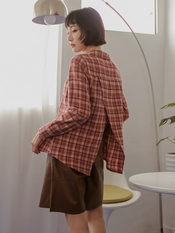 高含棉格紋交錯開衩長袖襯衫上衣