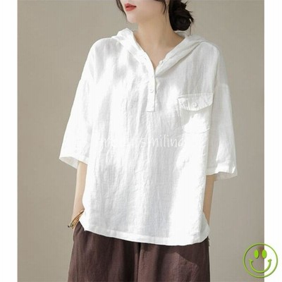 パーカー Tシャツ レディース ブラウス 春 夏 秋 リネン フード付き ガーゼ 半袖 シャツブラウス ガーゼ tシャツ 綿麻 トップス 着心地 ゆったり 体型カバー パーカー Tシャツ レディース ブラウス 春 夏 秋 リネン フード