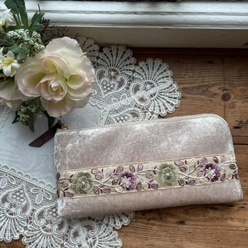 印度刺繡緞帶 L 型拉鍊長夾 (米色系 壓克力絲絨 I)
