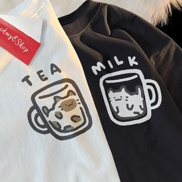 S~XL 萌寵 左胸 牛奶貓&茶貓 純棉 短T 情侶T【Y1353】MIT 情侶裝 短袖T恤 男女可穿 KUSO 快速出