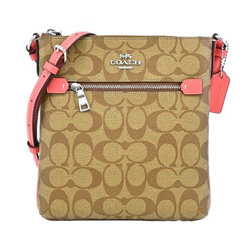 COACH ROWAN 簡單拉鍊PVC扁斜背包(卡其粉橘)