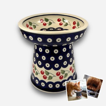 波蘭手繪手工陶-寵物碗 高腳碗 貓咪/小型犬適用 14cm