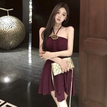 洋裝 ✨法式一字肩掛脖露背吊帶裙設計感小洋裝夏天出遊渡假洋裝連身裙大尺碼洋裝 10925