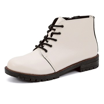 【白鳥麗子】雜誌款素面拚色皮革側拉鍊繫帶短靴 店長推薦