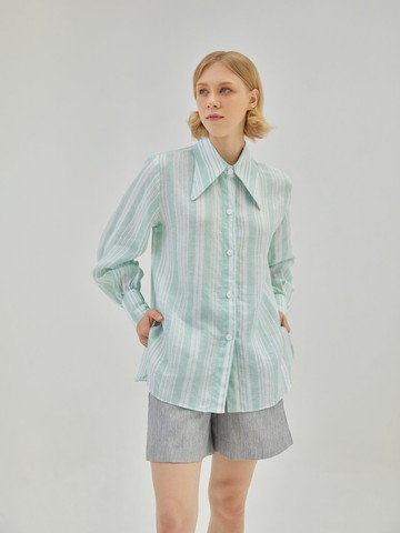 BIRUCHU 柔和綠色 SUGUS 襯衫：長袖條紋亞麻襯衫 淺綠色