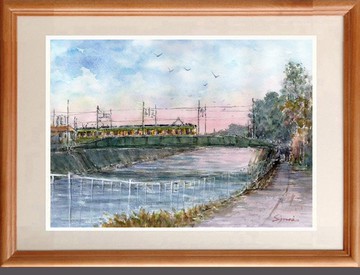 水彩原畫：黃昏時分穿越堺川的江之電