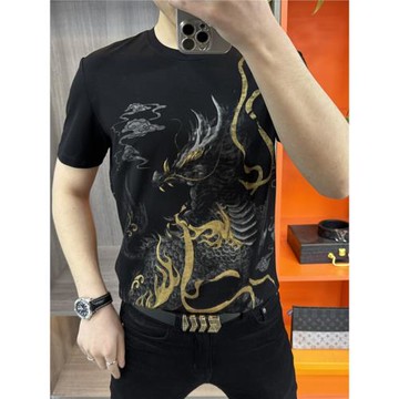 2024夏季新款男士時尚歐貨燙金印圖短袖t恤休閑百搭彈力圓領半袖