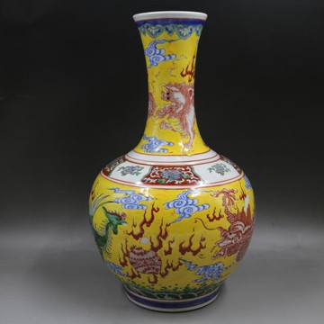 清康熙黃地粉彩龍鳳紋賞瓶仿古瓷器家居裝飾擺件古董古玩老貨收藏1入