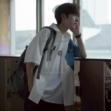 短袖襯衫男士韓版寬松牛仔拼接口袋裝飾日系個性襯衣【時尚大衣櫥】