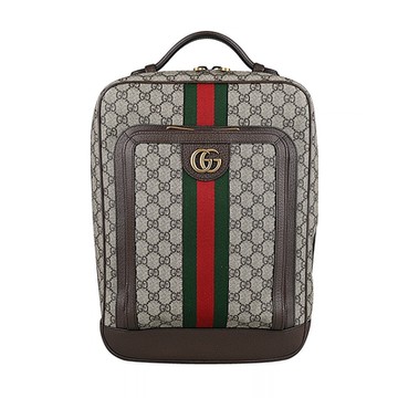GUCCI 古馳  OPHIDIA 經典GG LOGO綠紅綠織帶皮革滾邊中型後背包(米x棕)