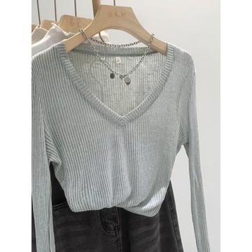 辣妹打底衫長袖T恤女秋季2025新款低V領微透薄款純欲修身性感上衣