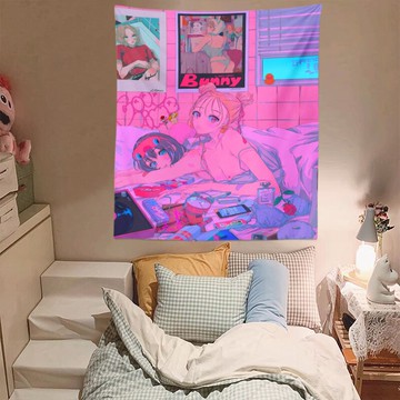 日式卡通動漫粉色少女墻布背景布床頭臥室宿舍墻壁裝飾掛毯豎款