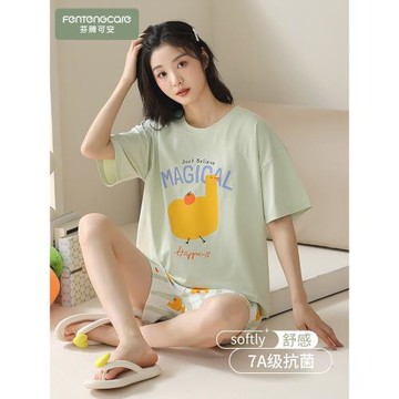 芬騰可安睡衣女士夏季純棉短袖薄款2025新款可愛可外穿家居服套裝