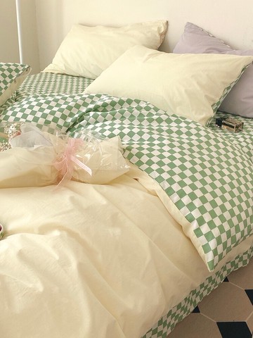 ins風棋盤格純棉水洗棉床上四件套100全棉被套簡約床單床品三件套