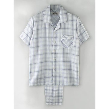 美標睡衣春夏季男純棉簡約舒適短袖長褲格子家居服兩件套裝52455