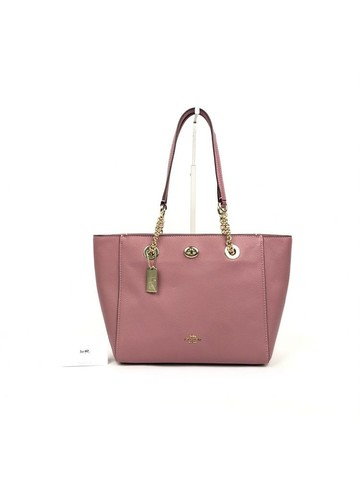 coach 粉色 Turnlock Chain Tote 荔枝紋皮革鍊條托特包 手提包 肩背包 鍊條包