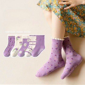 【5入一包】童襪 可愛襪子 鬱金香襪  小花襪  條紋襪  花邊襪 兒童襪 女童襪 止滑襪 中筒襪 台灣出貨 台灣賣家