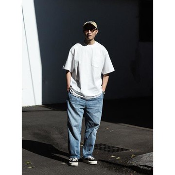 purluto純色口袋短袖小領口圓領tee 寬松基礎小版型 全棉百搭不縮