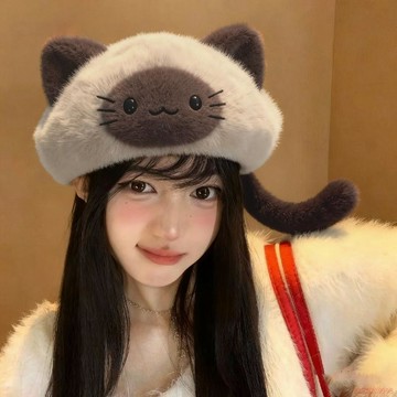 精選好物🌈2025新款可愛貓咪耳朵暹羅貓女秋冬保暖百搭貝雷帽顯臉小
