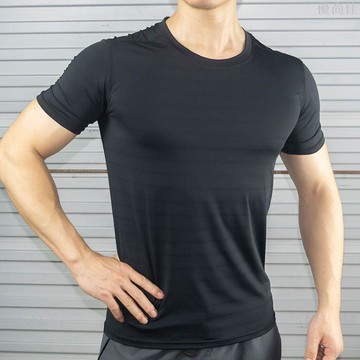 運動健身短袖男士冰絲速干排汗T恤夏季彈力親膚訓練休閒上衣純色