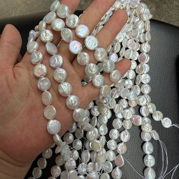 Zz-12-13mm炫彩強光紐扣巴洛克珍珠硬幣珠天然淡水一串39cm28顆左右