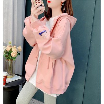 連帽衛衣外套女薄款2024年秋季新款韓版寬松休閑粉色慵懶開衫上衣