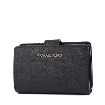 MICHAEL KORS 銀字LOGO素面防刮皮革釦式中夾-黑色