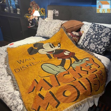 北歐風蓋毯卡通沙發毯黃色米奇露營裝飾沙發巾披肩臥室床尾毯毛毯