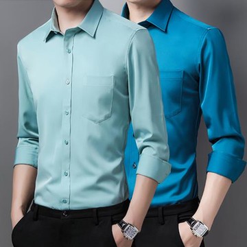 春秋薄款襯衫男長袖純色免燙順滑料襯衣商務休閑正裝青年冰絲襯衫