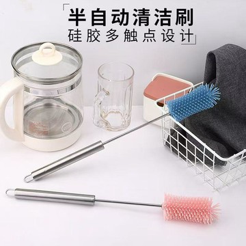 🔥臺灣出🔥不鏽鋼手柄硅膠刷半自動多功能不鏽鋼長柄按壓旋轉刷子家庭必備 矽膠刷毛 奶瓶奶嘴刷 杯刷 旋轉奶瓶刷