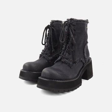 notdetailed原創 黑色帆布做舊短靴大圓頭辣妹馬丁靴