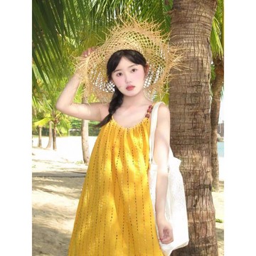 🍉海邊沙灘黃色條紋吊帶裙女裝夏季海島度假長裙寬鬆波西米亞連衣裙